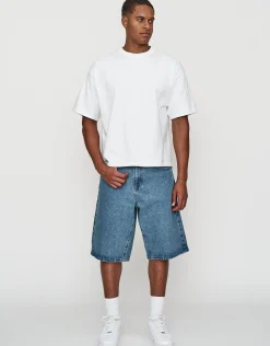 Vices Embroidered Baggy Fit Jorts in Vintage Mid Blue