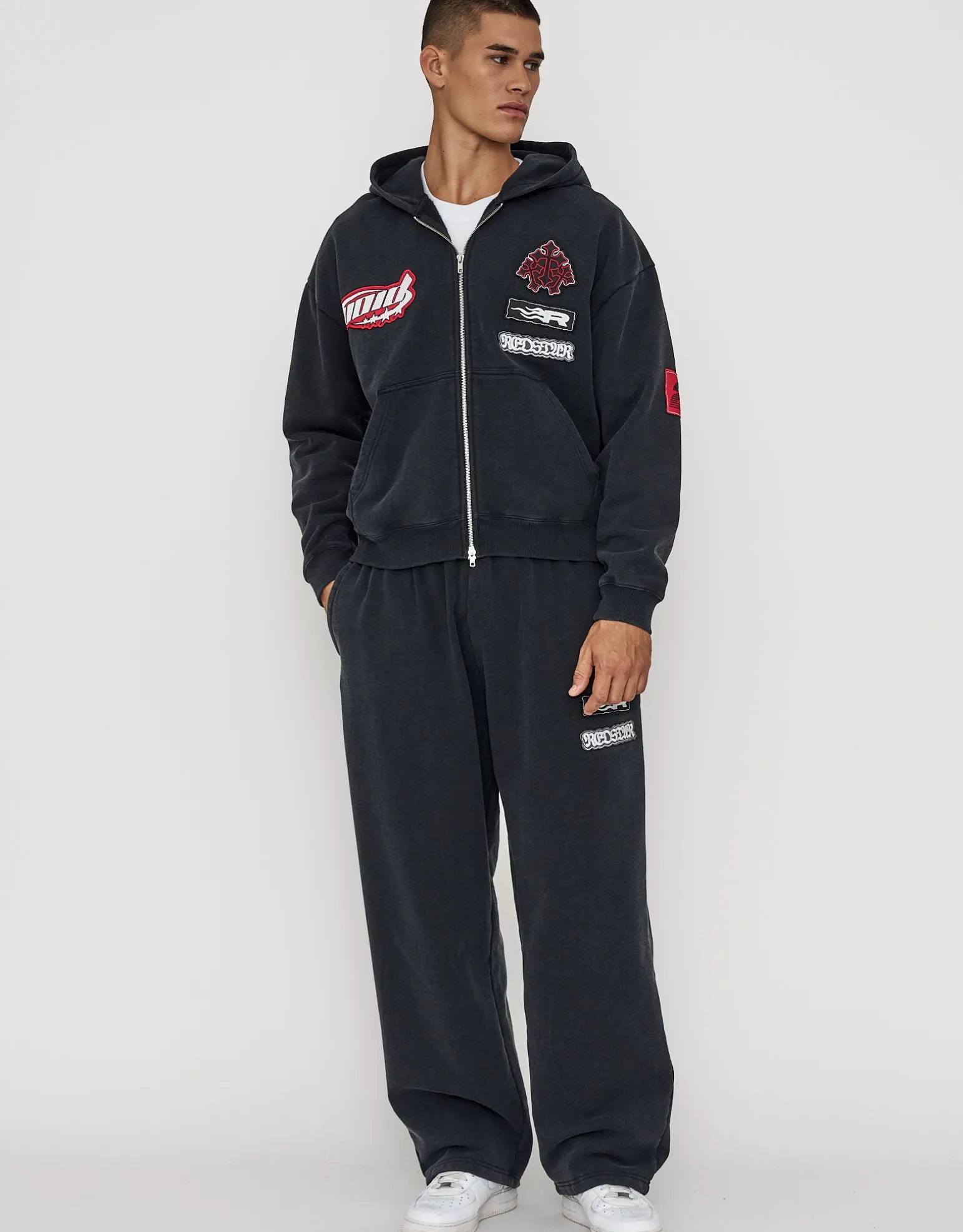 Void Oversized Cropped Zip Up Hoodie in Washed Black