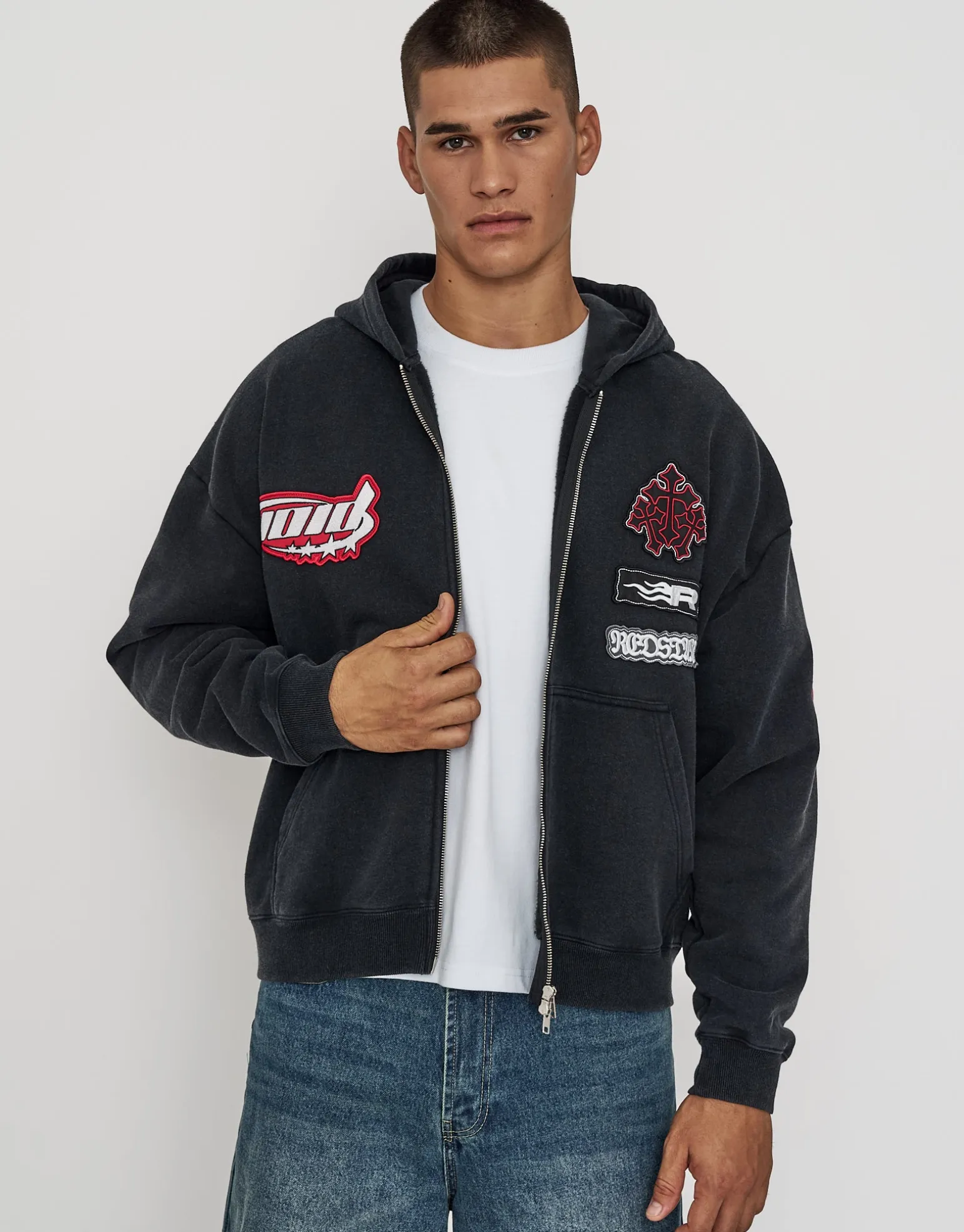 Void Oversized Cropped Zip Up Hoodie in Washed Black