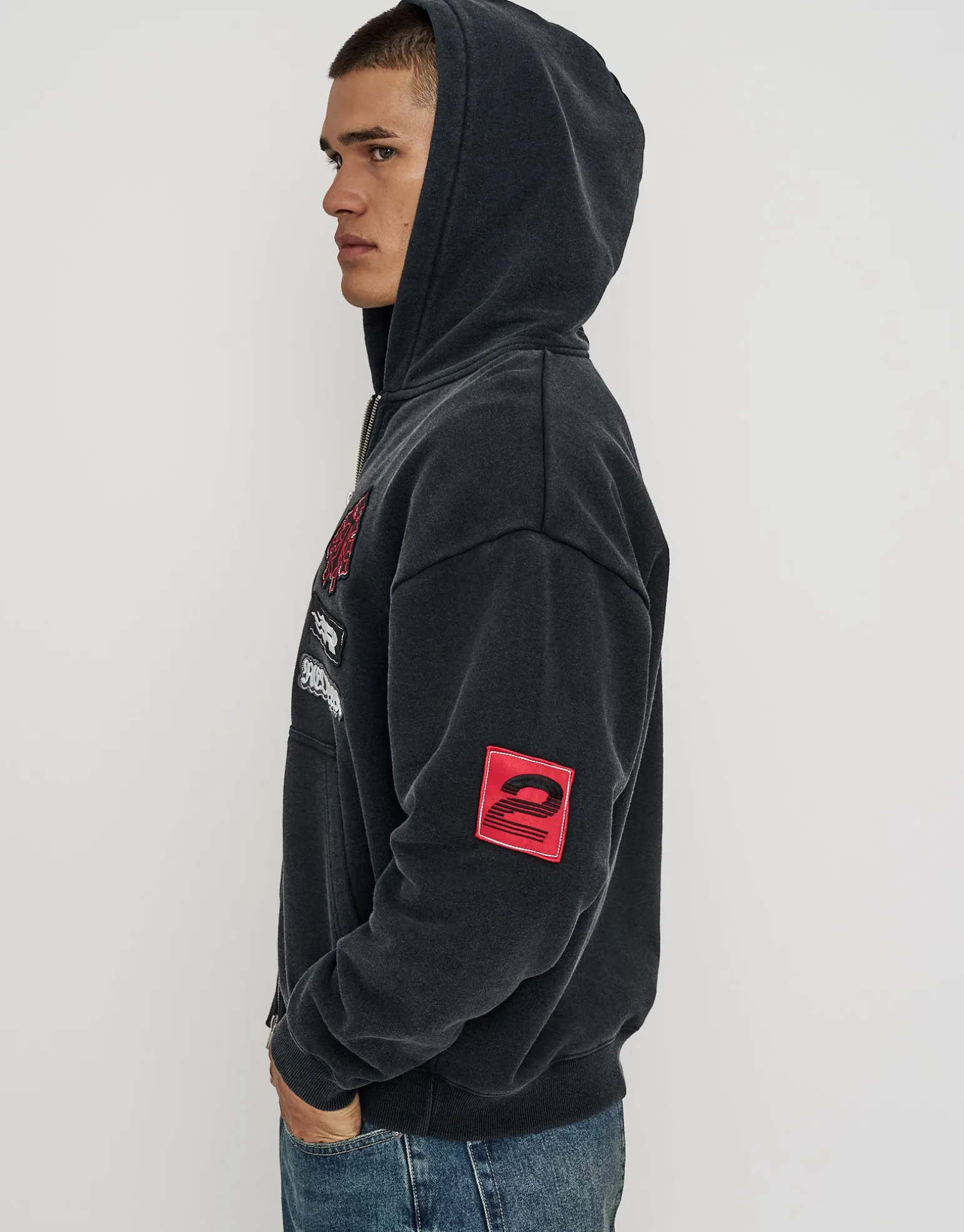 Void Oversized Cropped Zip Up Hoodie in Washed Black