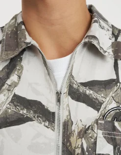 Vultures Foliage Cropped Zip Up Shirt in Grey Camo