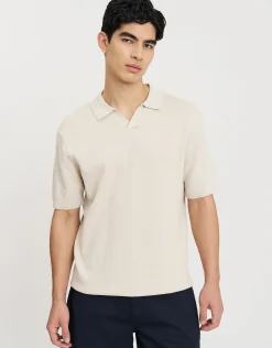 Waffle Knit Short Sleeve Polo in Bone