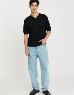 Waffle Knit Short Sleeve Polo in Bone