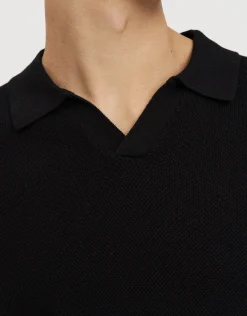 Waffle Knit Short Sleeve Polo in Black