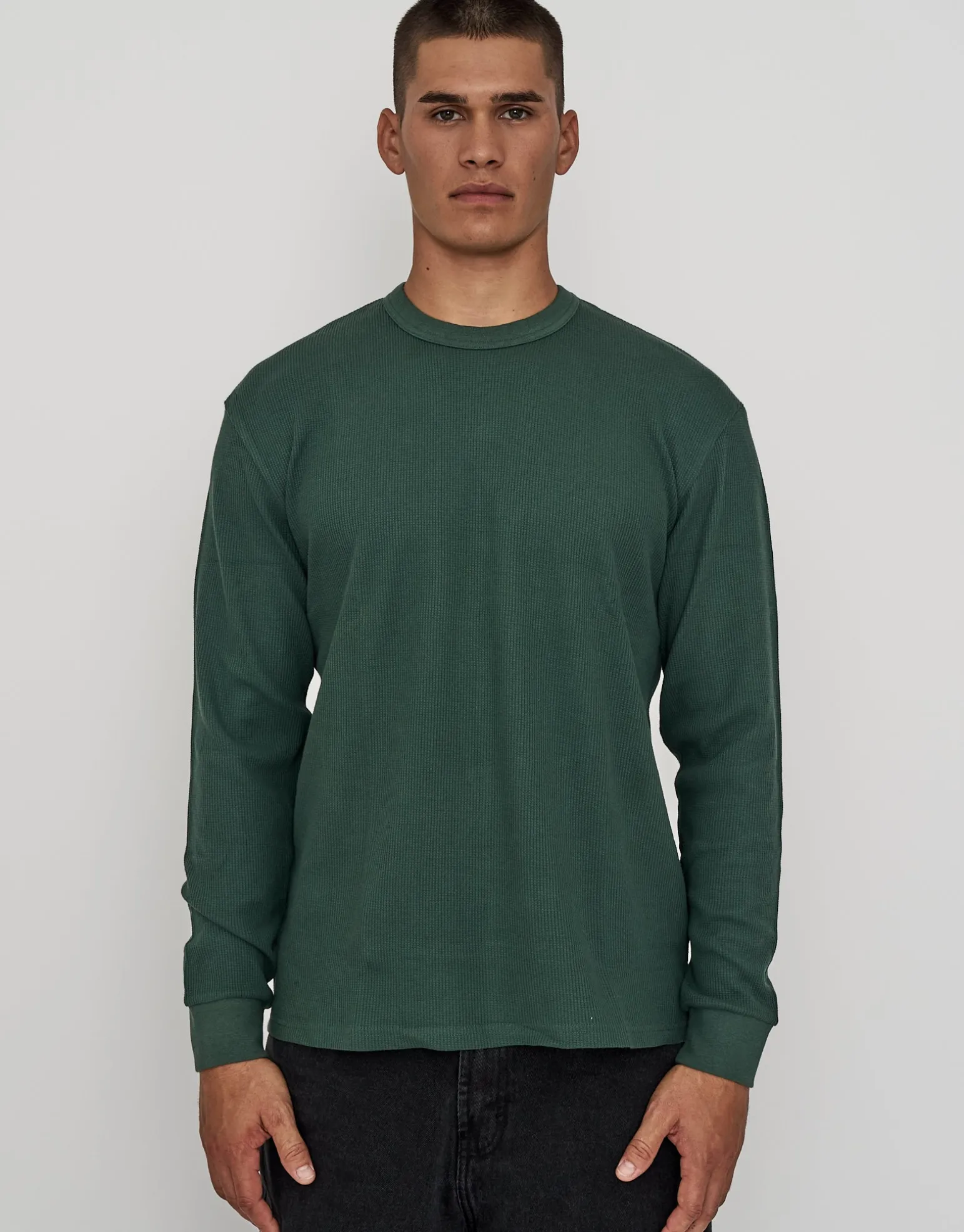 Waffle Relaxed Fit Long Sleeve T Shirt in Black