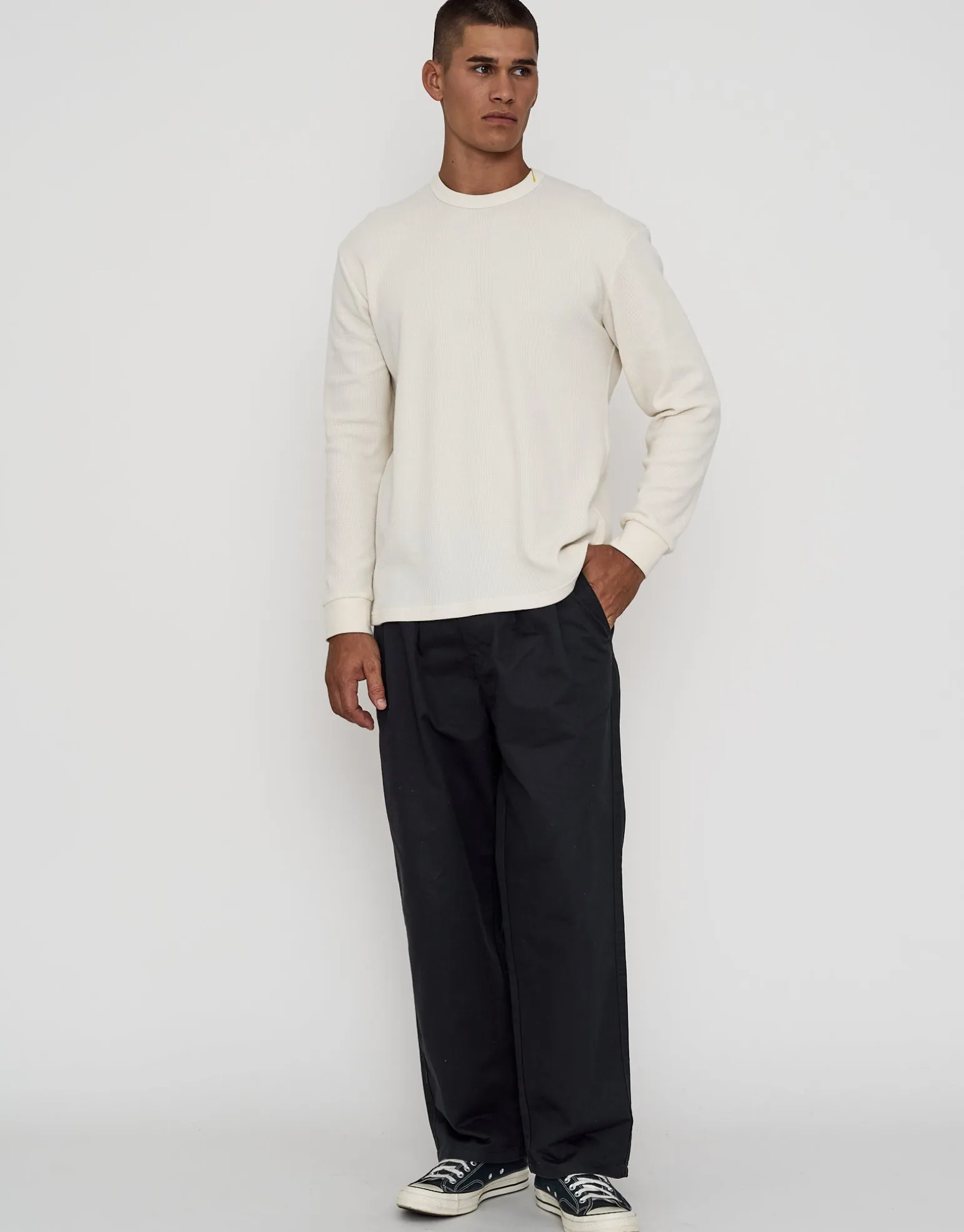 Waffle Relaxed Fit Long Sleeve T Shirt in Black