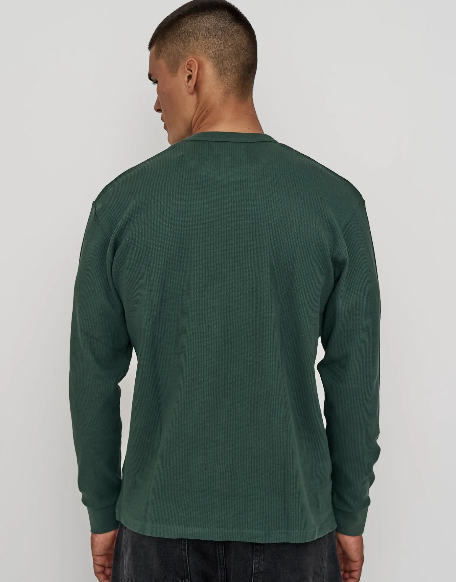 Waffle Relaxed Fit Long Sleeve T Shirt in Black
