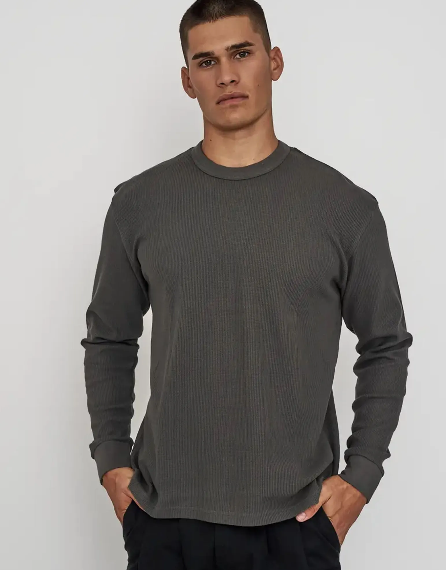 Waffle Relaxed Fit Long Sleeve T Shirt in Black