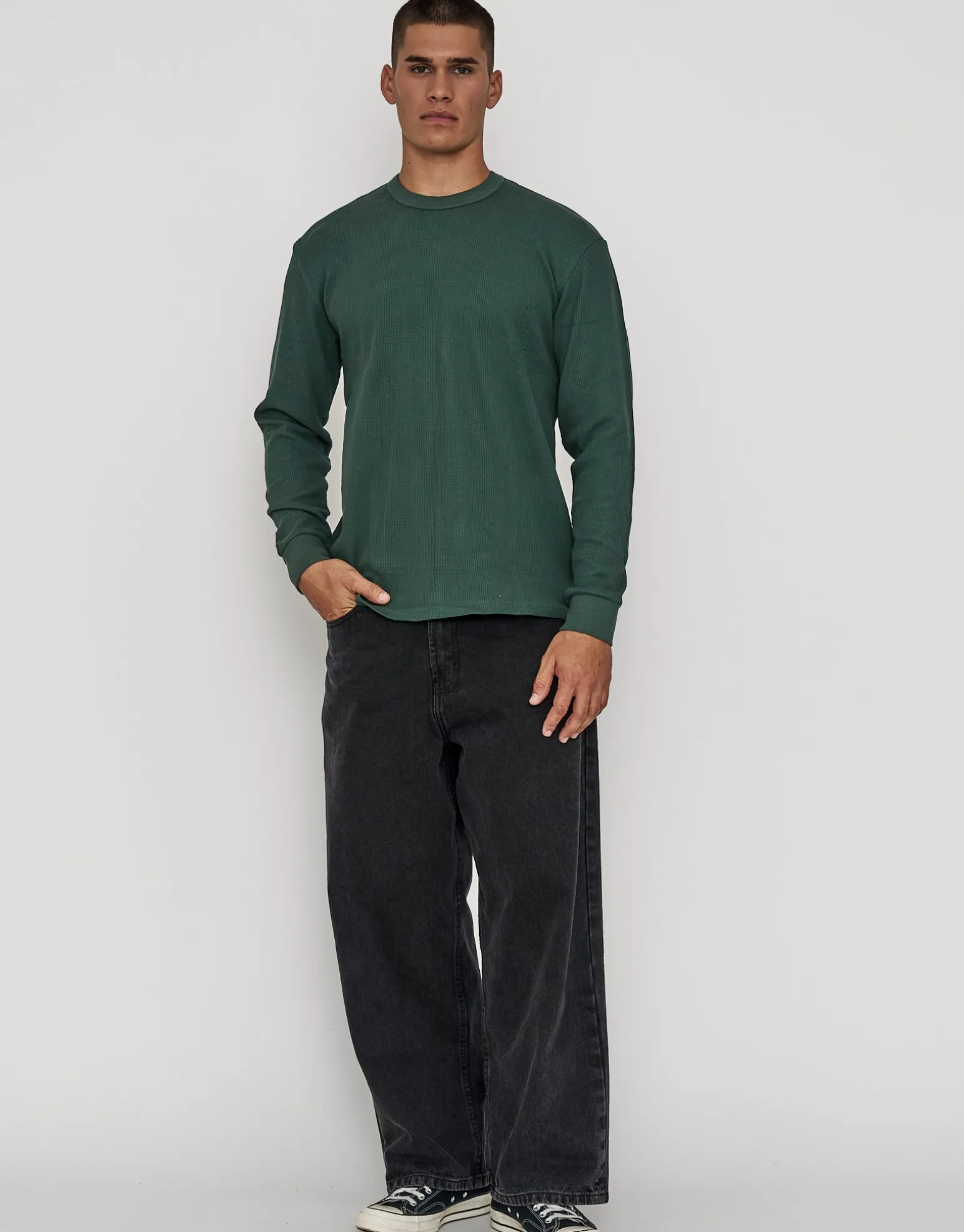 Waffle Relaxed Fit Long Sleeve T Shirt in Black