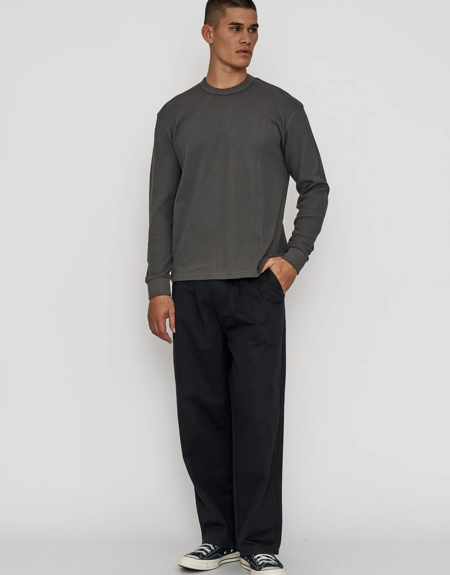 Waffle Relaxed Fit Long Sleeve T Shirt in Black