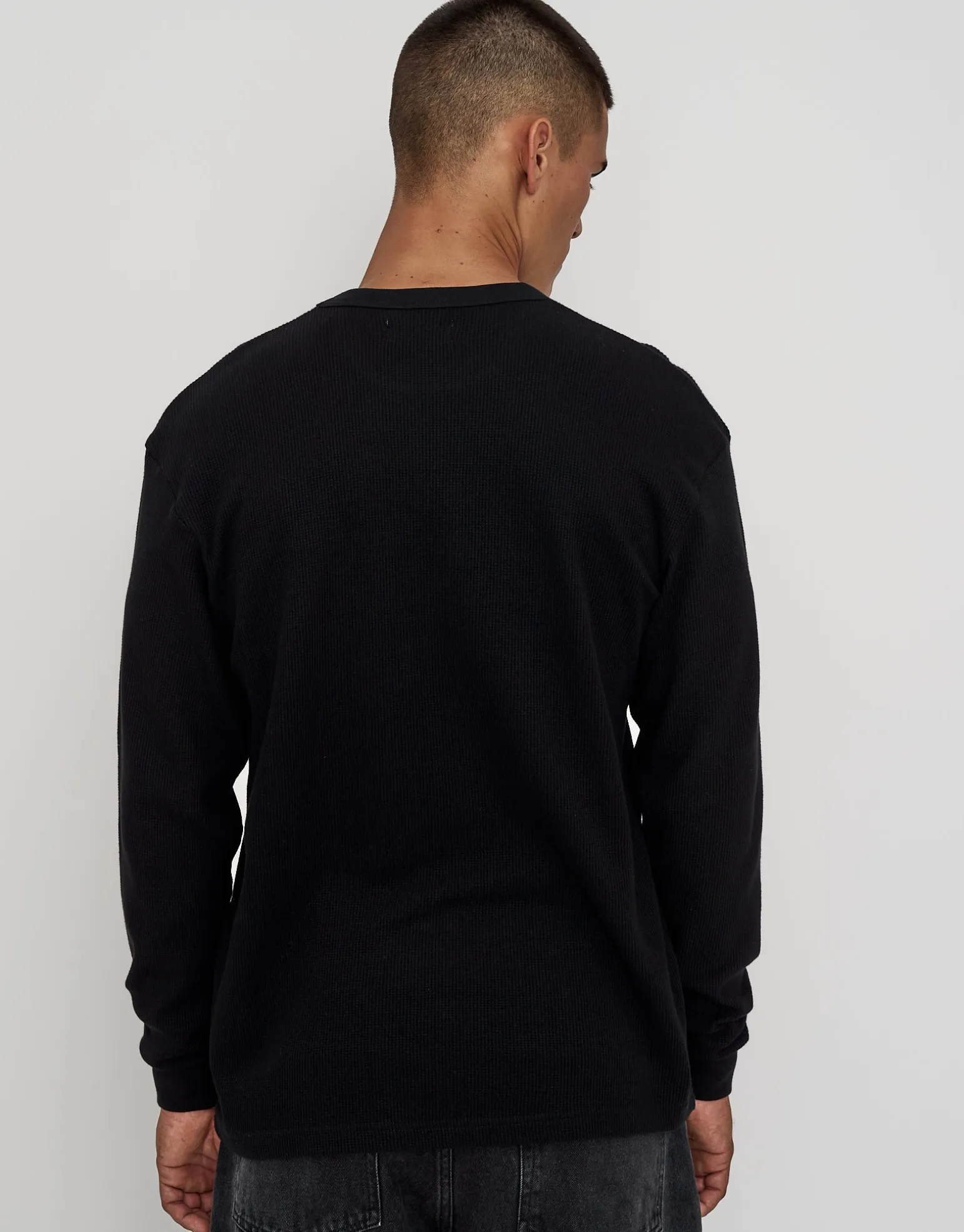 Waffle Relaxed Fit Long Sleeve T Shirt in Black