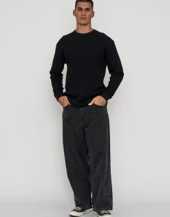 Waffle Relaxed Fit Long Sleeve T Shirt in Black