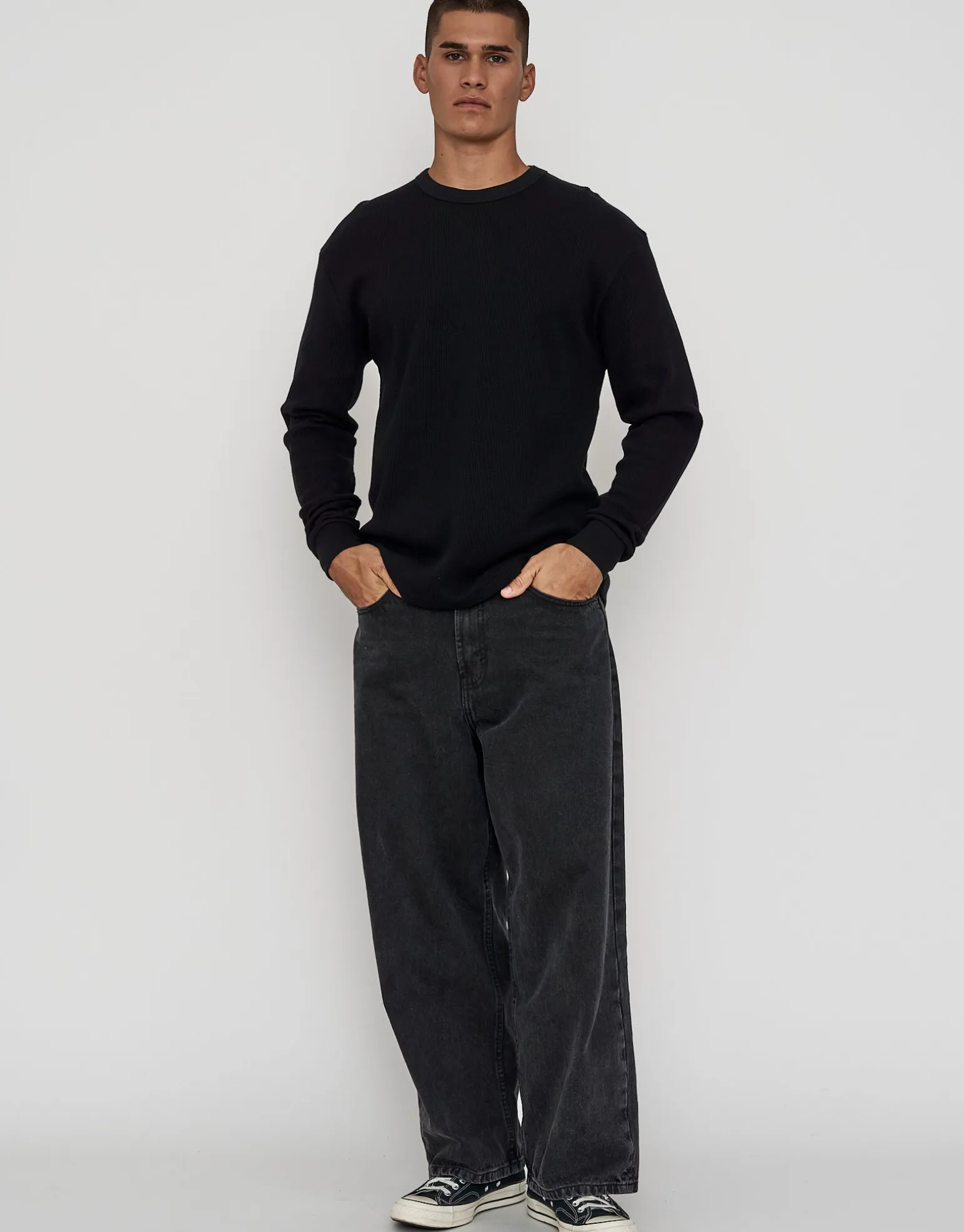 Waffle Relaxed Fit Long Sleeve T Shirt in Black