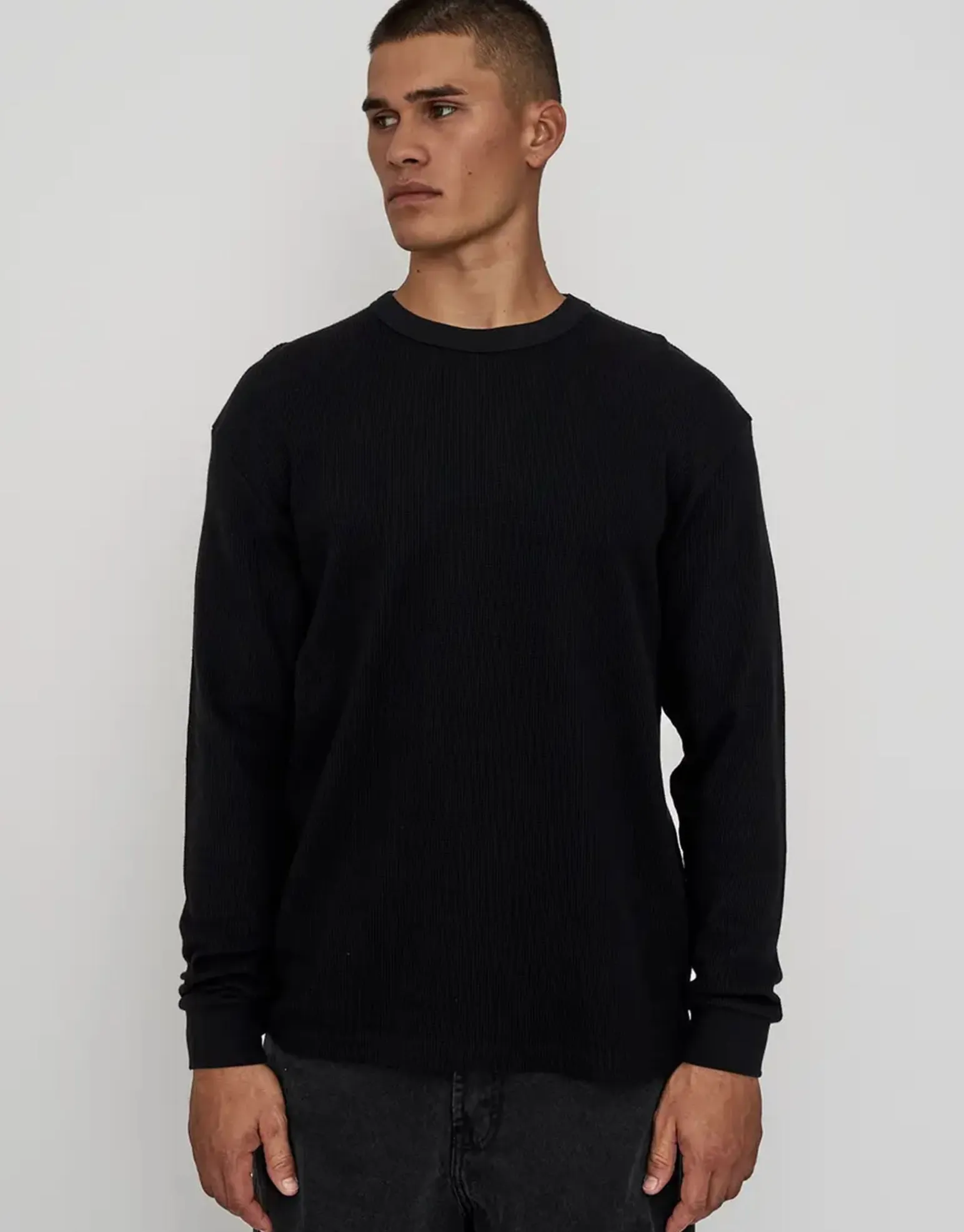 Waffle Relaxed Fit Long Sleeve T Shirt in Black