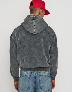 Washed Oversized Cropped Zip Up Hoodie in Black