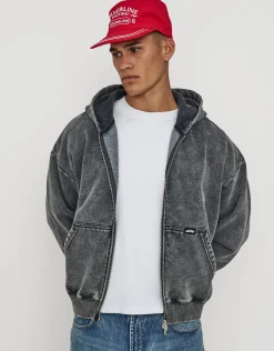 Washed Oversized Cropped Zip Up Hoodie in Black