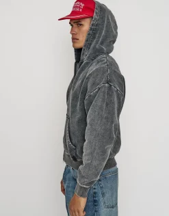 Washed Oversized Cropped Zip Up Hoodie in Black