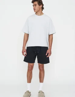 Washed Twill Elastic Waist Shorts in Black