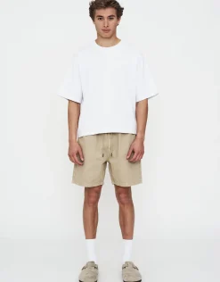 Washed Twill Elastic Waist Shorts in Black