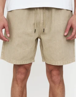 Washed Twill Elastic Waist Shorts in Black