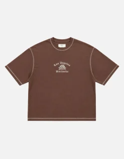 Worldwide Embroidered Graphic Box Fit T Shirt in Bitter Brown